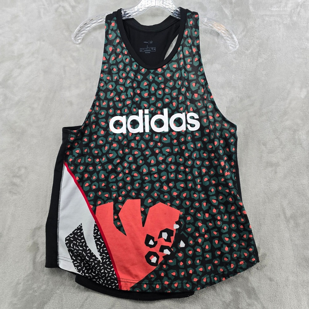 Adidas Womens L Tank Top Black Leopard Print Farm Company Racerback Graphic